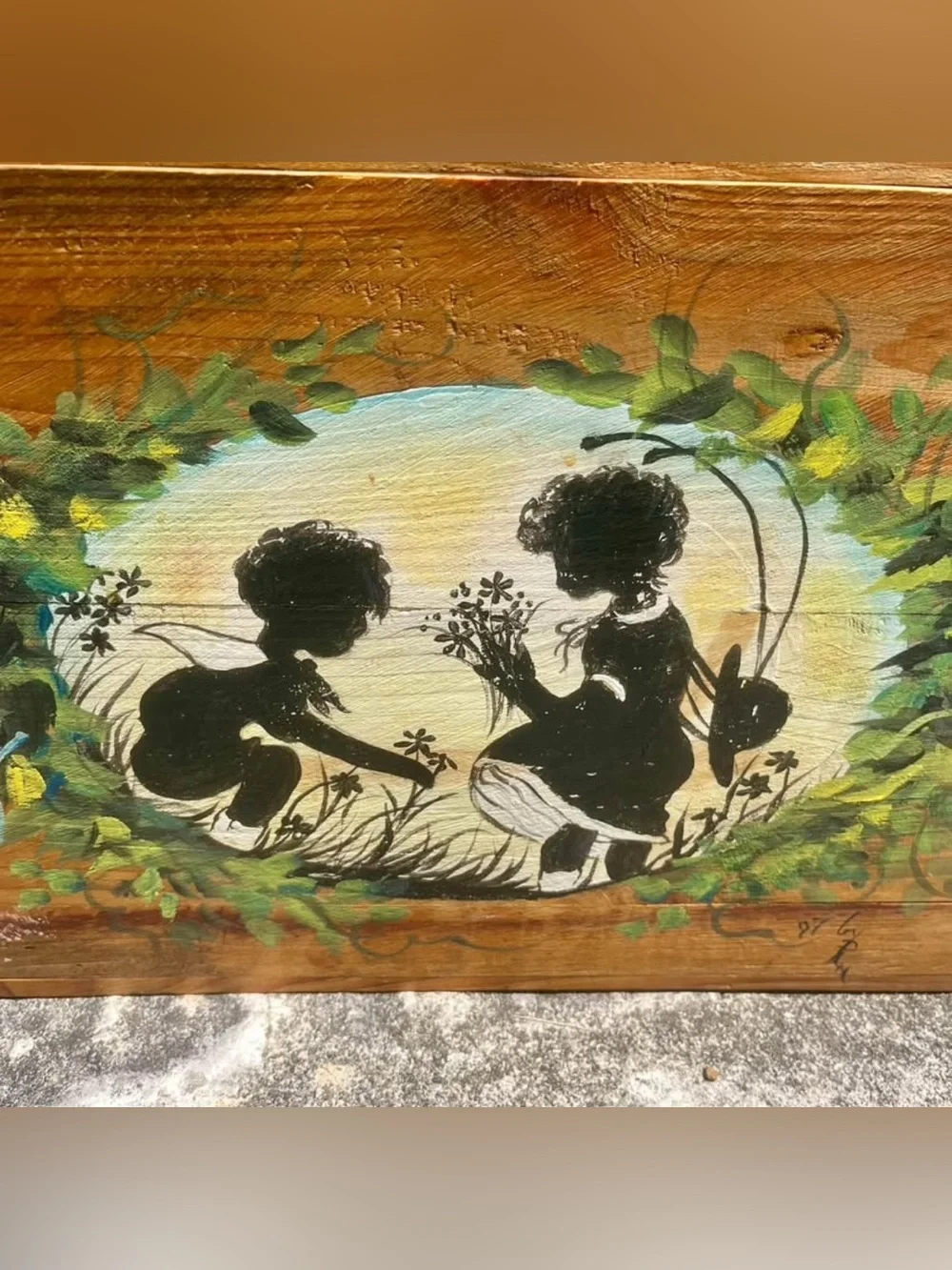 Vintage Handmade Wood Storage Box Folk Art Children Floral Hearts Cottage Whimsy